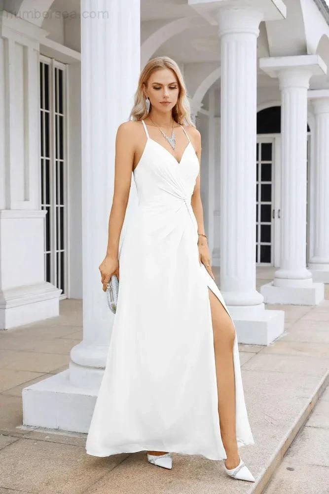 Ladies Chiffon Spaghetti Strap V Neck Front Slit Floor Length Bridesmaid Evening Dress Prom Party Wedding Evening Dress 28116 by numbersea