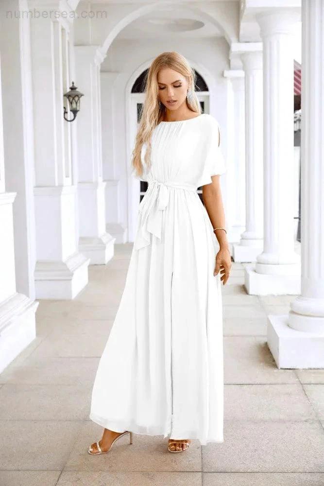 Ladies Chiffon Sleeve Crew Neck Front Slit Floor Length Bridesmaid Evening Dress Wedding Party Evening Dress 28124 by numbersea