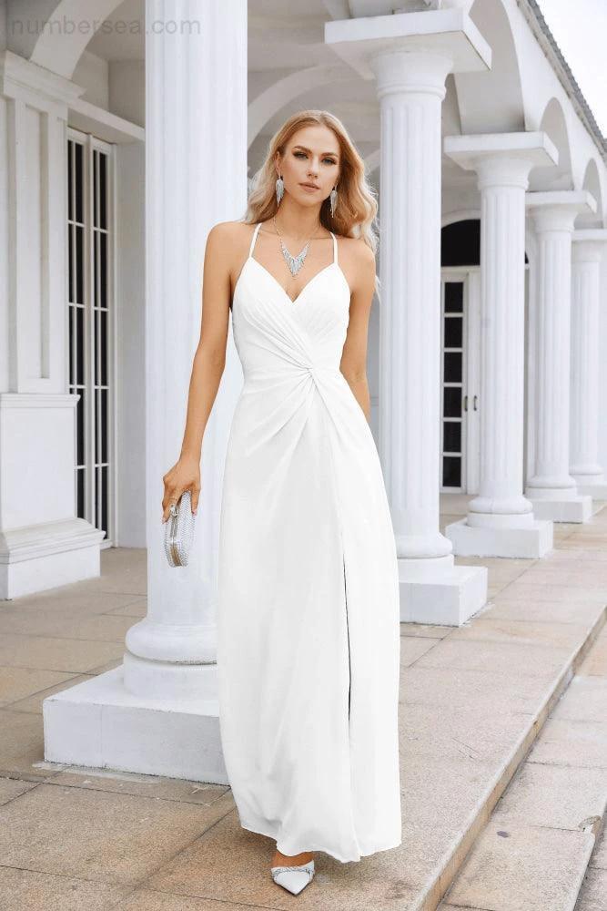 Ladies Chiffon Spaghetti Strap V Neck Front Slit Floor Length Bridesmaid Evening Dress Prom Party Wedding Evening Dress 28116 by numbersea