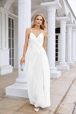 Ladies Chiffon Spaghetti Strap V Neck Front Slit Floor Length Bridesmaid Evening Dress Prom Party Wedding Evening Dress 28116