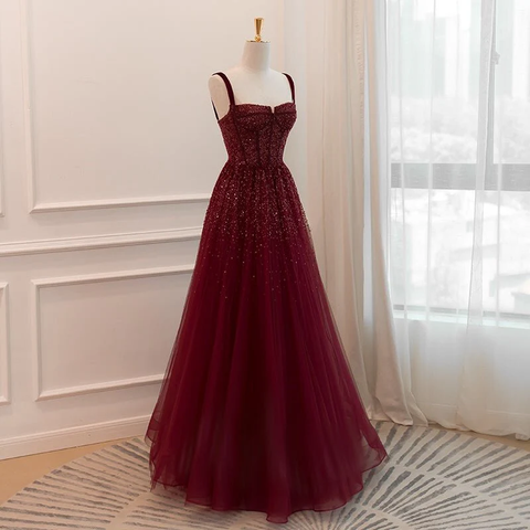 Gothic Burgund Spaghettiträger Pailletten Perlen Formales Ballkleid Tüll Party Abendkleid Y7586