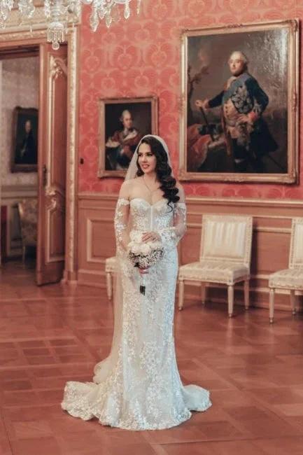 Exquisite Long Mermaid Off-the-shoulder Lace Wedding Dress with Long Sleeves by misshow.com