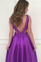 Backless V-Neck Sleeveless A-Line Prom Gown with Convenient Pockets