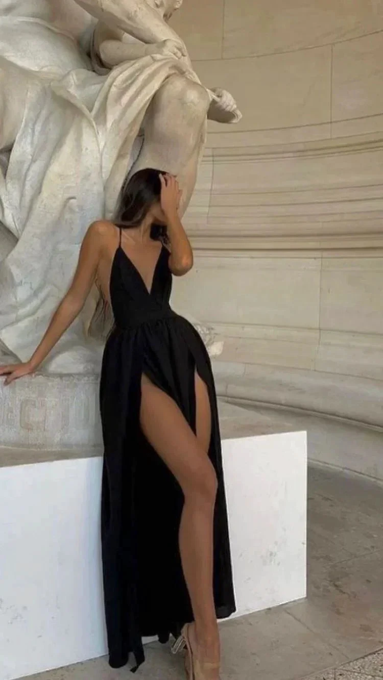 Spaghetti Straps Black Prom Dress V Neck Sexy Evening Dress High Split Party Dress Y1668 by simplepromdress