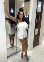 Sexy Strapless Satin Feathers Short White Homecoming Dress Cocktail Dress Y7845 by simplepromdress