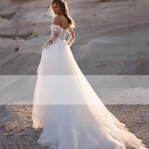 Elegant A-Line Wedding Dress 2023 Women Lace Open Back Strapless Long Detachable Sleeve Bridal Gown Sweep Train Vestido De Noiva