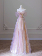 Shiny Tulle Sequins Long Prom Dress, A-Line Off the Shoulder Evening Dress Y1416 by simplepromdress