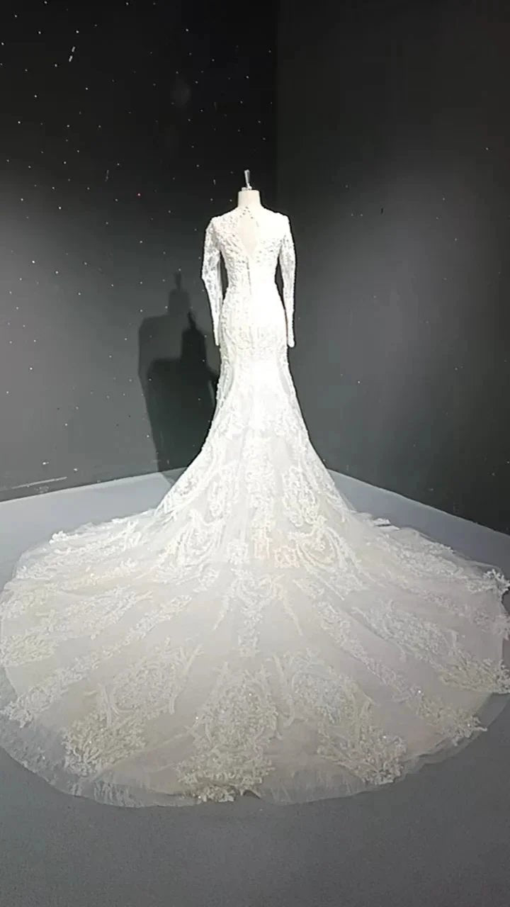 V-neck long sleeved luxurious nail bead trailing bridal veil by ZAPDRESS