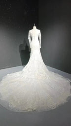 V-neck long sleeved luxurious nail bead trailing bridal veil by ZAPDRESS