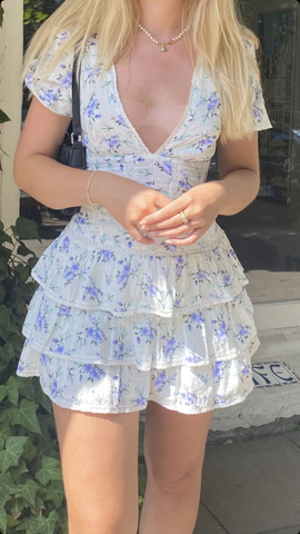 Deep V Neck Floral Dress Cute A-line Homecoming Dress Y2317