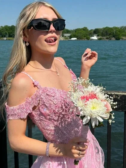 Pink Off Shoulder Fluffy Lace Appliques Floral Long Prom Dress Evening Dress Y7846 by simplepromdress