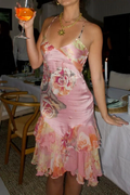 Pretty Pink Satin Print Floral Midi Prom Dress Sexy Evening Dress Y8418 by simplepromdress