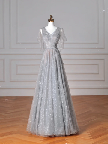 Sparkly Gray Tulle Sequins A Line Prom Dress Sexy V Neck Evening Dress Y8638