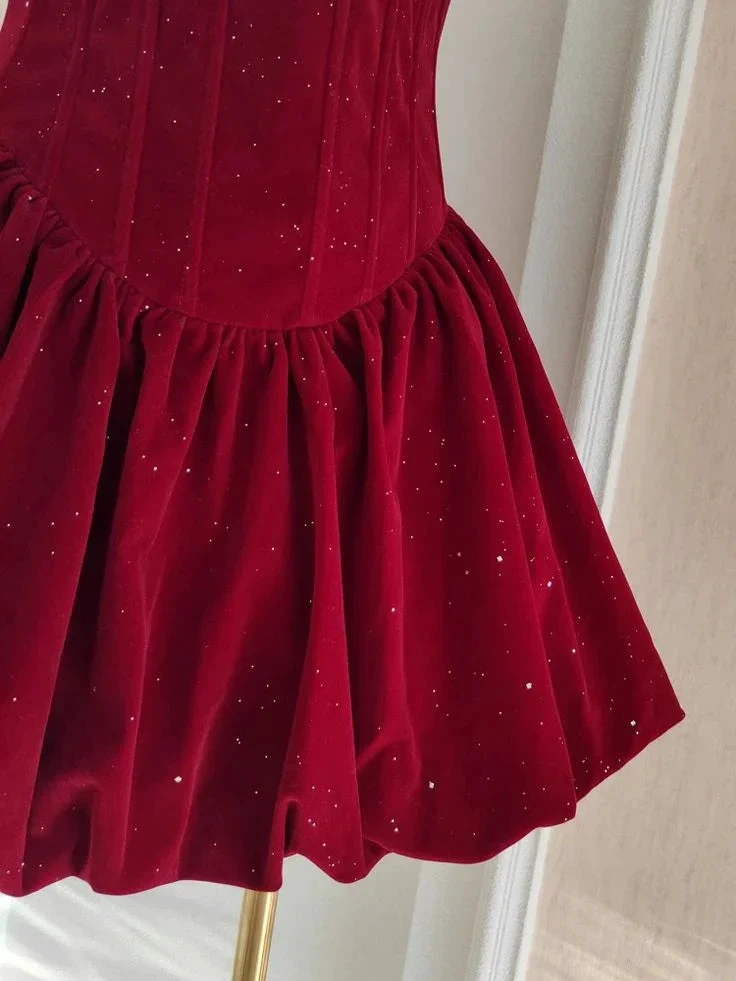 Cute A Line Strapless Burgundy Velvet Ruffles Homecoming Dress Y7972 by simplepromdress