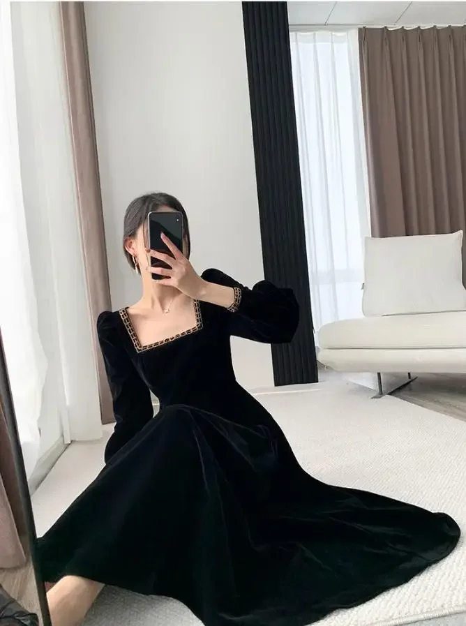 Vestido de terciopelo para mujer, manga larga, cuello cuadrado, elegante, ajustado, con parches, vestido de noche de moda Y6744
