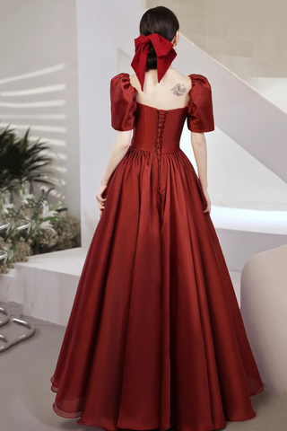 Burgundy Satin Long Prom Dresses A-Line Short Sleeve Evening Dresses Y1170