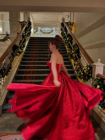 Hermoso vestido de fiesta de satén rojo, corte A, sin tirantes, Y8086