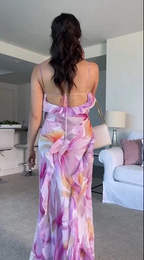 Beautiful Ruffle Graphic Floral Print Low Backless Long Prom Dress Slit Party Evening Dress Y8099 by simplepromdress