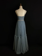 Simple Blue Tulle Beaded A Line Evening Dress Spaghetti Straps V Neck Prom Dress Y8649 by simplepromdress