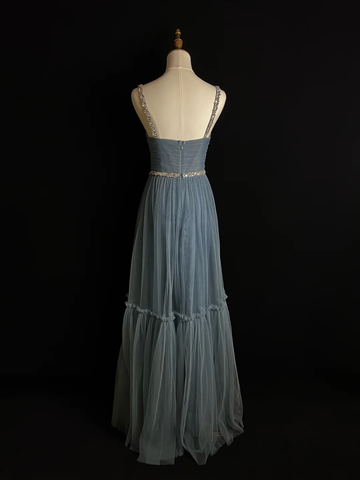 Simple Blue Tulle Beaded A Line Evening Dress Spaghetti Straps V Neck Prom Dress Y8649