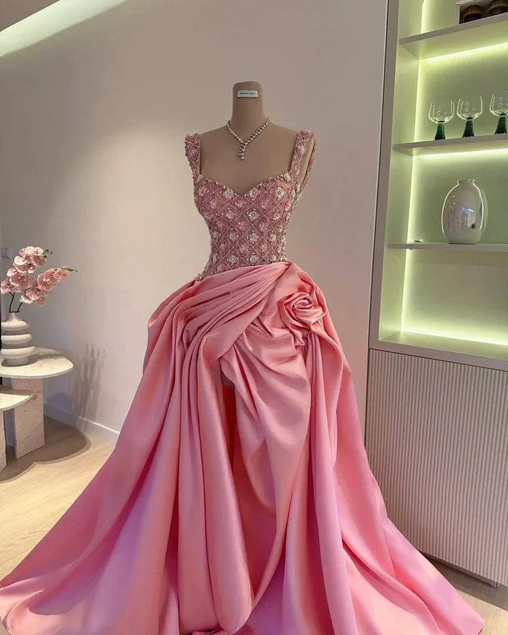 Pretty Pink Beaded Rose Pleated A Line Satin Prom Dress Long Evening Dress Ball Gown Y8518 by simplepromdress