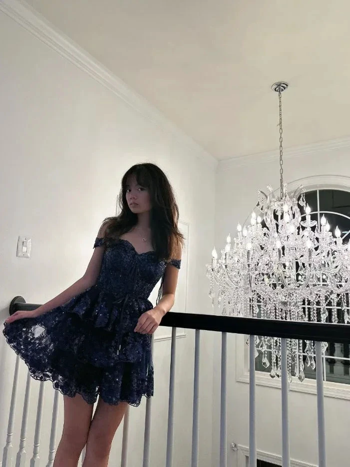 Navy Blue A-Line Sweetheart Lace Tiered Short Homecoming Dress Y8107 by simplepromdress