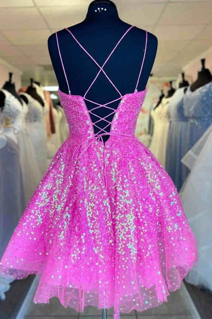 Cute Hot Pink Sequins A-Line Homecoming Dress Y1641 by simplepromdress