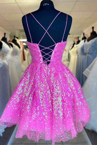 Cute Hot Pink Sequins A-Line Homecoming Dress Y1641
