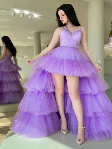 V Neck Purple High Low Prom Dresses Purple High Low Formal Homecoming Dresses Y1689