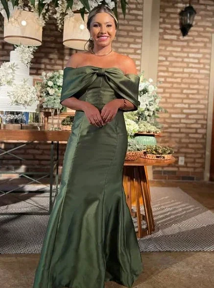 Vintage Green Bow Off The Shoulder Mermaid Evening Dress Formal Satin Prom Dress Y8269 by simplepromdress