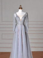 Classy Blue V Neck Sequins Beaded Tulle Prom Dress A Line Backless Evening Dress Y8644 by simplepromdress