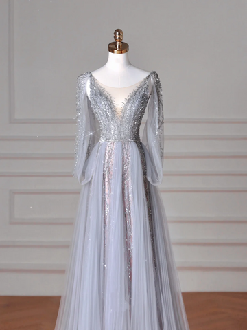 Classy Blue V Neck Sequins Beaded Tulle Prom Dress A Line Backless Evening Dress Y8644