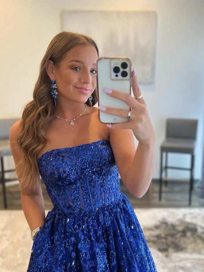 Blue A line tulle sequin long prom dress, blue tulle evening dress Y359 Main Image