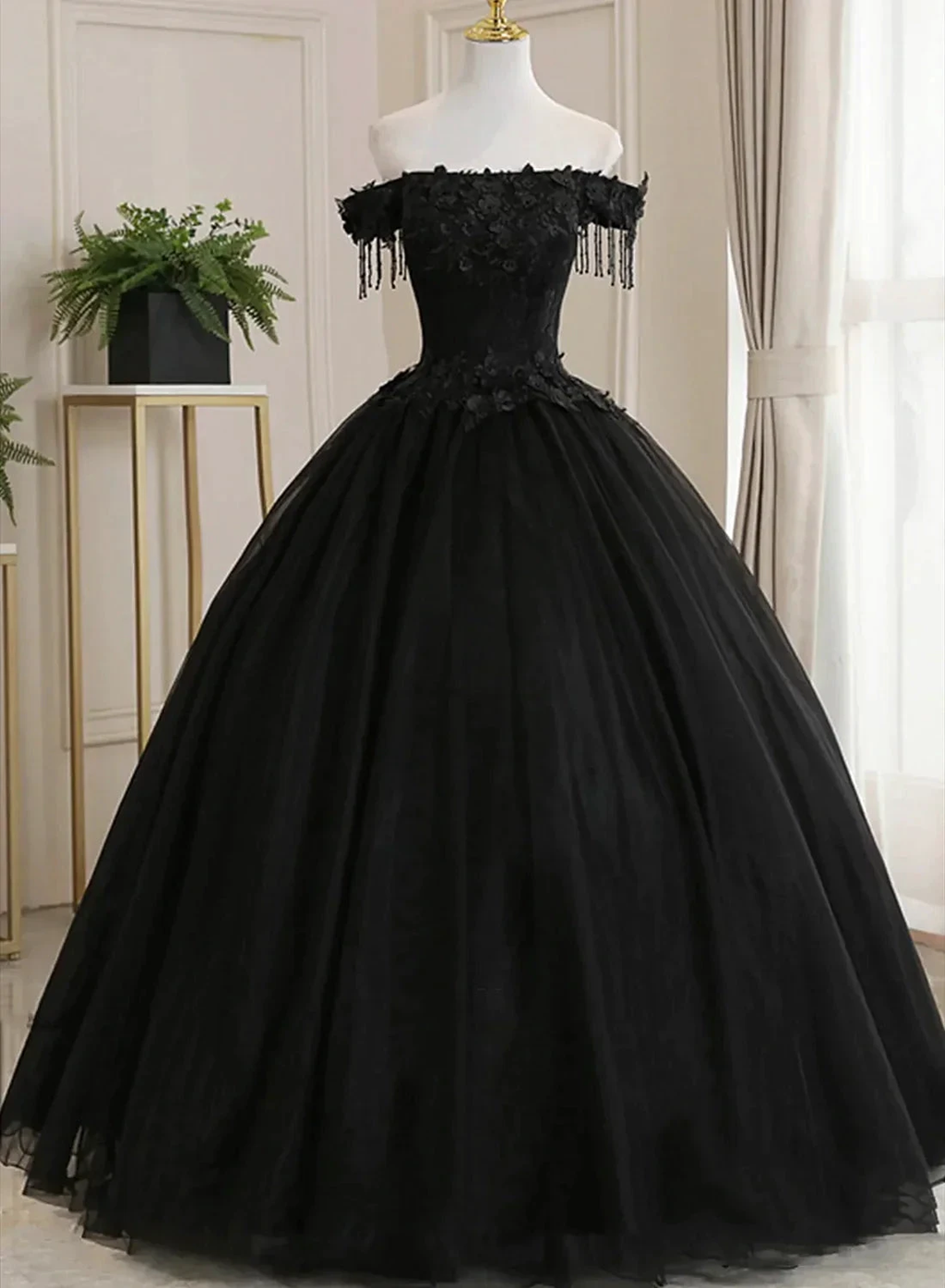 Black Off Shoulder Tulle Ball Gown With Lace Sweet 16 Dress, Black Long Evening Dress Y1143 by simplepromdress