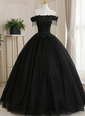 Black Off Shoulder Tulle Ball Gown With Lace Sweet 16 Dress, Black Long Evening Dress Y1143 by simplepromdress