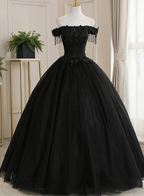 Black Off Shoulder Tulle Ball Gown With Lace Sweet 16 Dress, Black Long Evening Dress Y1143 by simplepromdress