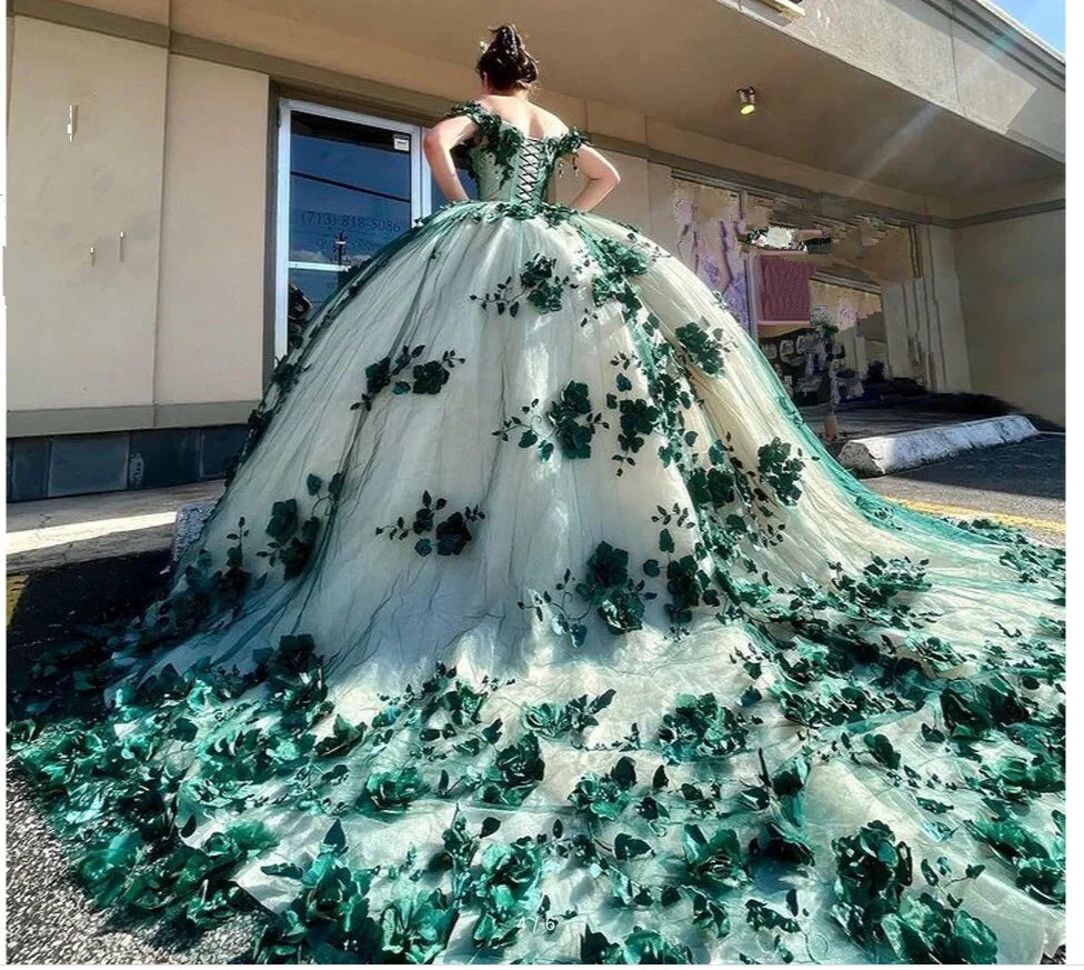 Green Ball Gown Quinceanera Dresses Off Shoulder 3d Flowers Beads Applique Sweet 15 16 Party Prom Dress Y292 by simplepromdress