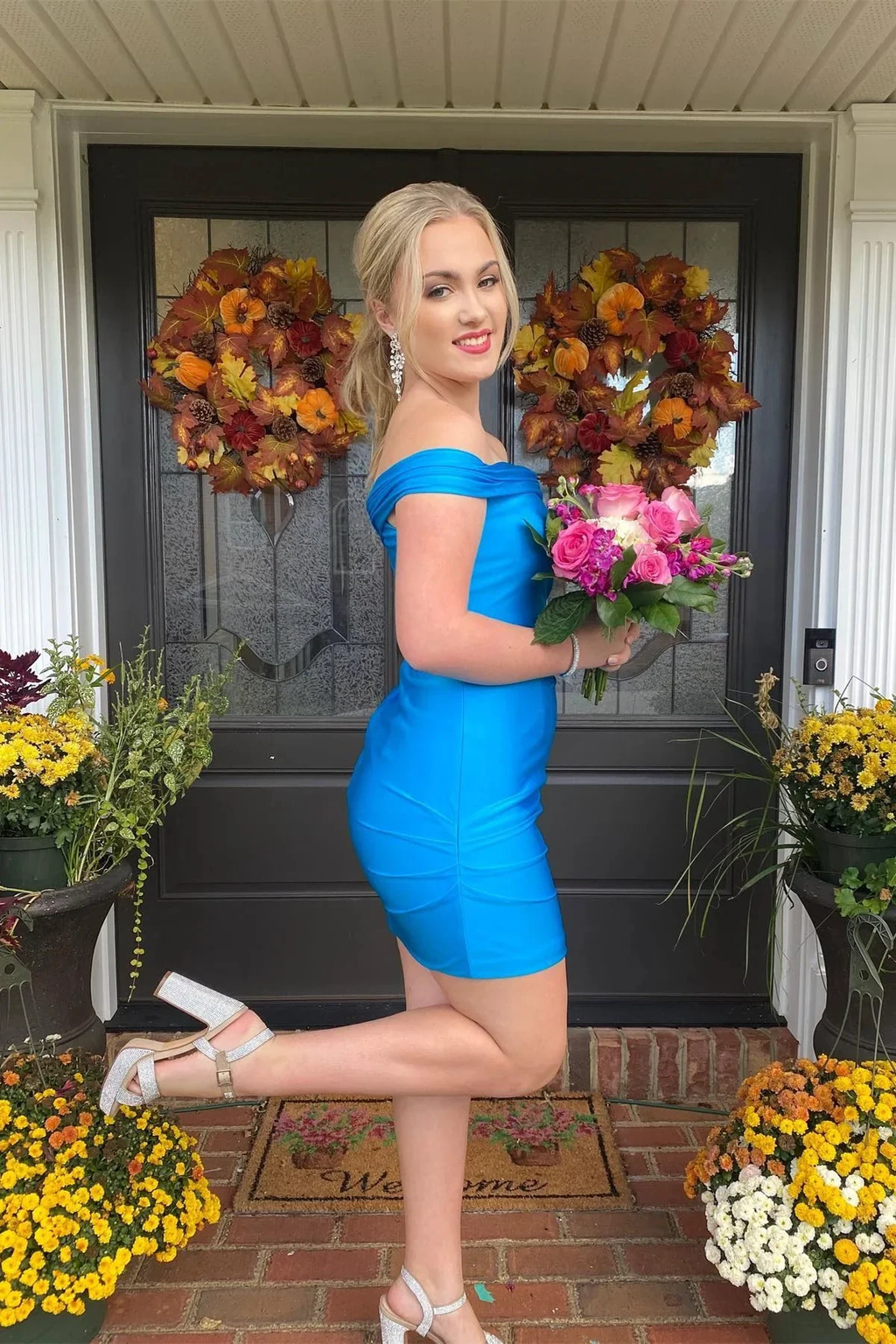 Simply Blue Off the Shoulder Bodycon Mini Homecoming Dress Y3016 by simplepromdress