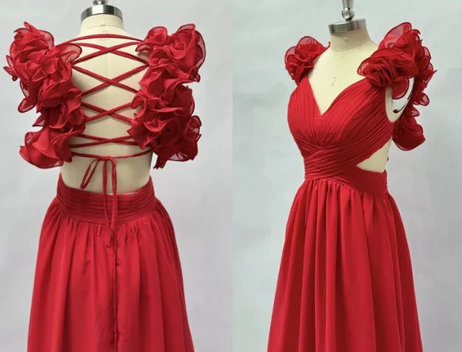 Chiffon A Line Ruffle Prom Dresses for Women V Neck Long Bridesmaid Dresses Backless Formal Evening Gowns Y3043 by simplepromdress