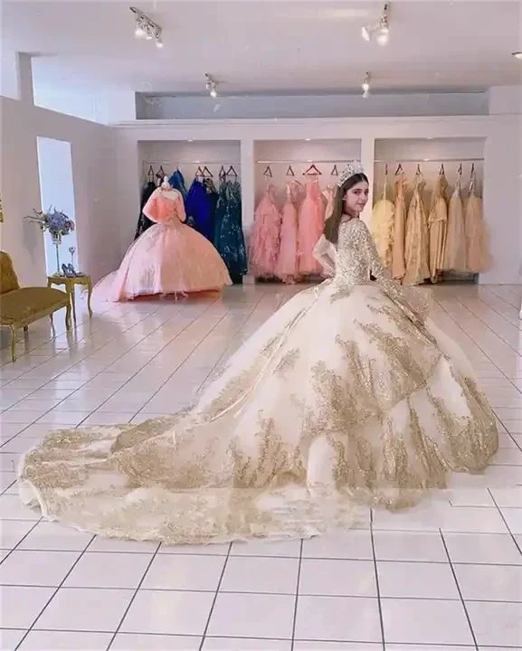 Champagne Ruffle Ball Gowns Quinceanera Dresses Sequin Beading Appliques Long Sleeve Formal Prom Princess Dress Y4952 by simplepromdress