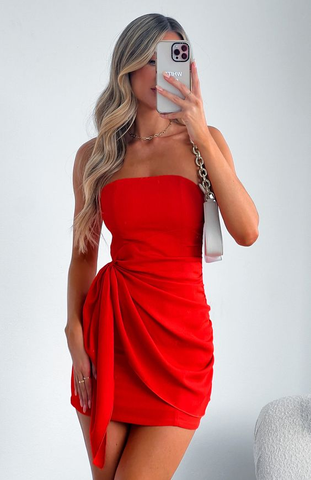 Vestido rojo sin tirantes para fiesta de bienvenida, vestido de cóctel rojo Y2914