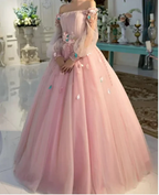 Long Sleeve Prom Dresses, Pearl Pink Ball Gown Long Floral Fairy Prom Dress S24387 by simplepromdress