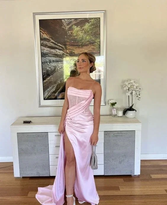 Chic Pink Strapless Prom Dress Glam Pink Evening Dress with Split Pageant Dress Y1986 by simplepromdress
