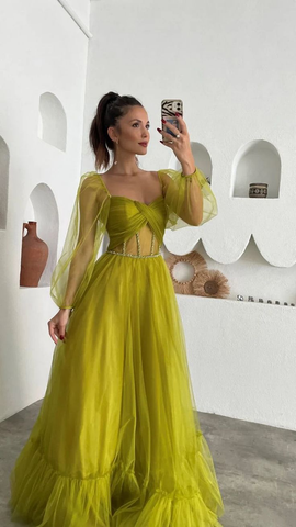 Vestido de fiesta de hada verde para adulto, vestido de baile largo con corsé de tul Y6148