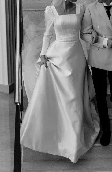 Modest A-line Square Neckline White Satin Wedding Dress Y6736 by simplepromdress