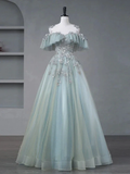 Elegant Blue Tulle Applique Evening Dress A Line Off The Shoulder Prom Dress Y8372 by simplepromdress