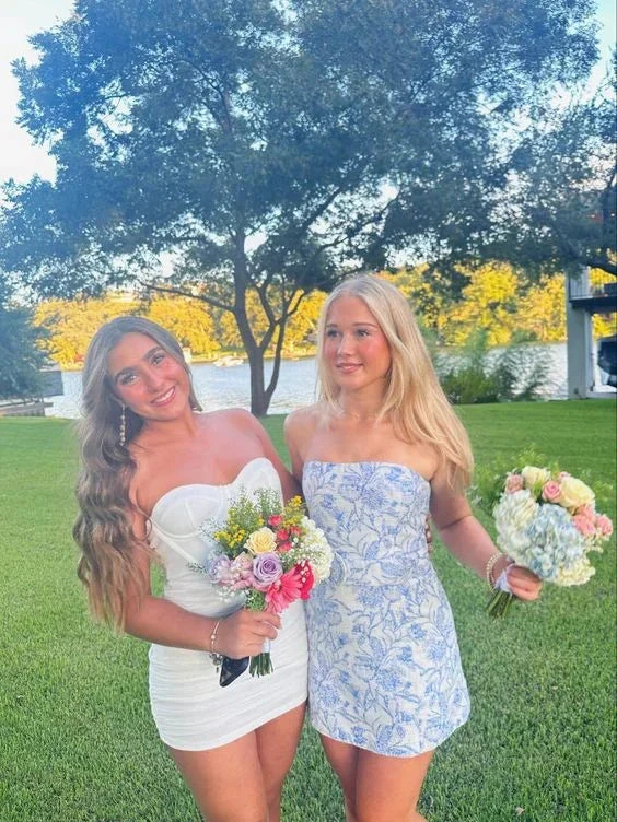 Strapless Blue Floral Mini Homecoming Dress Summer Dress Y2646 by simplepromdress