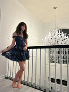 Navy Blue A-Line Sweetheart Lace Tiered Short Homecoming Dress Y8107 by simplepromdress
