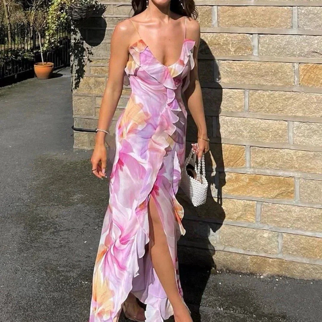 Beautiful Ruffle Graphic Floral Print Low Backless Long Prom Dress Slit Party Evening Dress Y8099 by simplepromdress