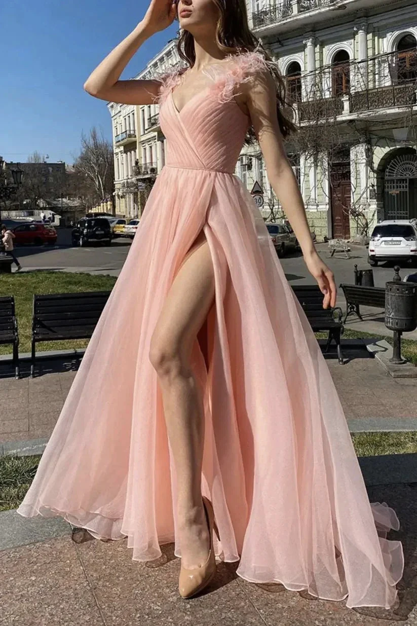 Elegant V Neck Pink Tulle Long Prom Dresses with High Slit, Pink Tulle Formal Graduation Evening Dresses Y1296 by simplepromdress
